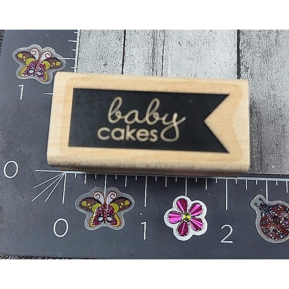 Baby Cakes Etched Script Tag Label Rubber Stamp Wood #S5
